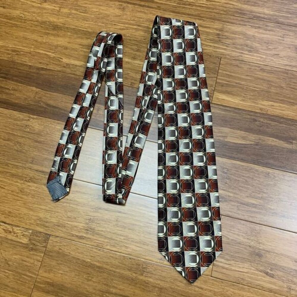 Di Moggio Men's Geometric Square Pattern Silk Neck Tie‎ Brown Metallic Designer